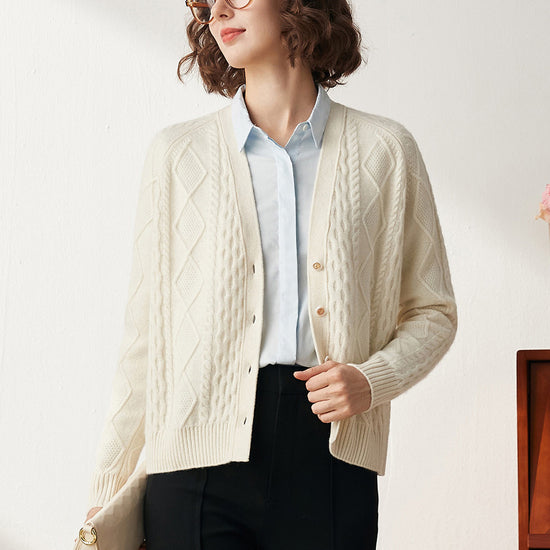 COMOBOCA White 100% Cashmere Women's V-Neck Cable Knit Cardigan