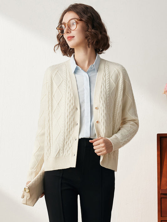 COMOBOCA White 100% Cashmere Women's V-Neck Cable Knit Cardigan