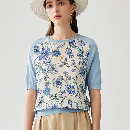 COMOBOCA Light Blue Women's Floral Print Raglan Sleeve T-Shirt