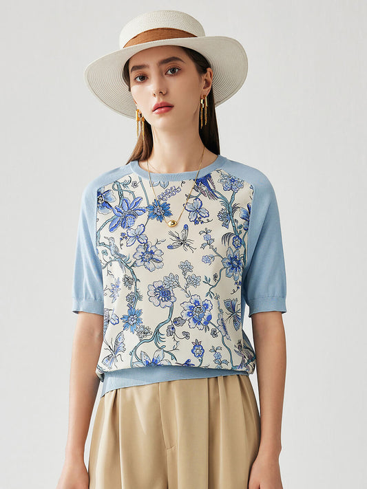 COMOBOCA Light Blue Women's Floral Print Raglan Sleeve T-Shirt