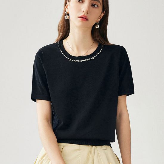 COMOBOCA Women's Cotton Silk Jeweled Neckline T-Shirt