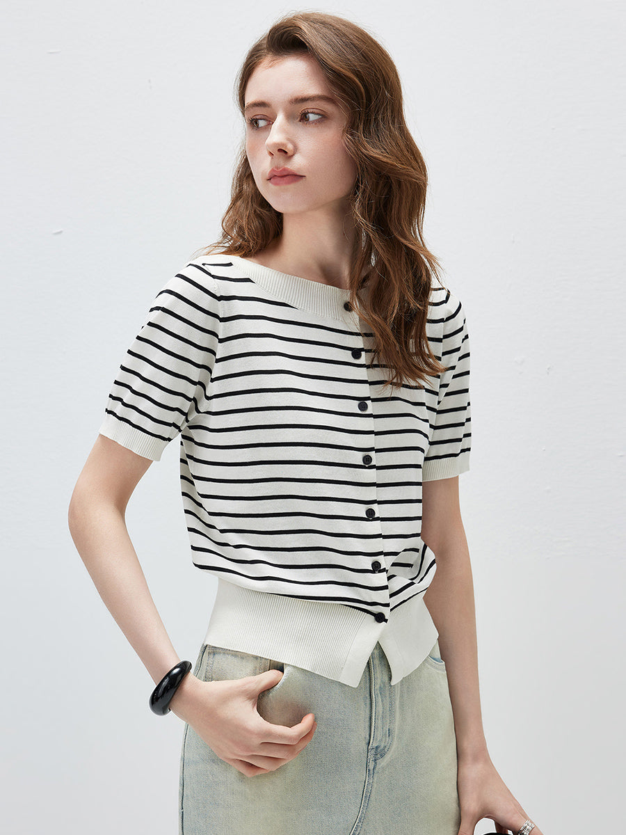 COMOBOCA Women's Striped Short Sleeve Knit Cardigan