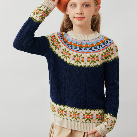 COMOBOCA 100% Wool Kids' Cable Fair Isle Round Neck Sweater