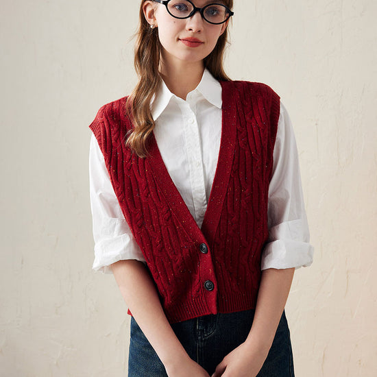 COMOBOCA Red 100% Wool Women's Cable Knit Button-Front Vest
