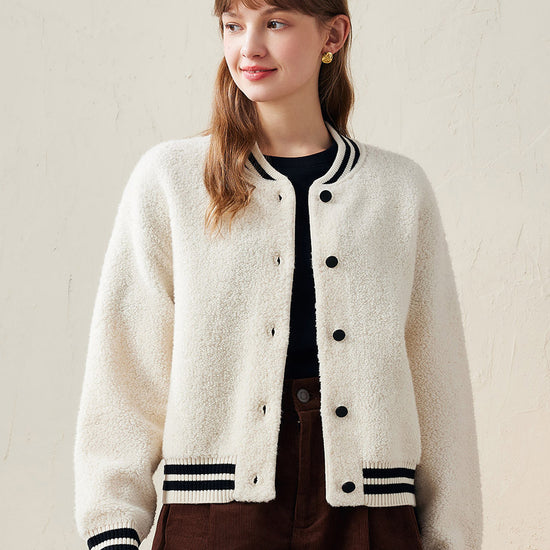 COMOBOCA 100% Wool Women's Striped Ribbing Jacket
