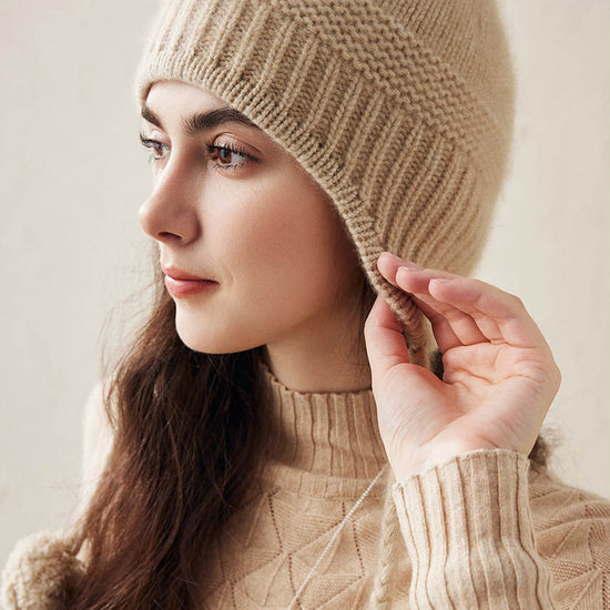 COMOBOCA 100% Cashmere Women's Ear Flap Beanie with Pom-Poms