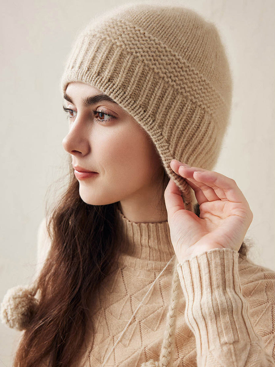 COMOBOCA 100% Cashmere Women's Ear Flap Beanie with Pom-Poms