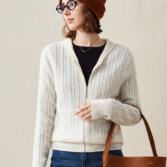 COMOBOCA White 100% Cashmere Women's Cardigan Cable Knit Hoodie