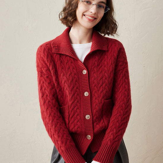 COMOBOCA Red 100% Cashmere Women's Cable Knit Pocket Cardigan