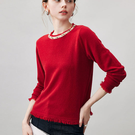 COMOBOCA 100% Cashmere Women's Fringed Hem Floral Sweater