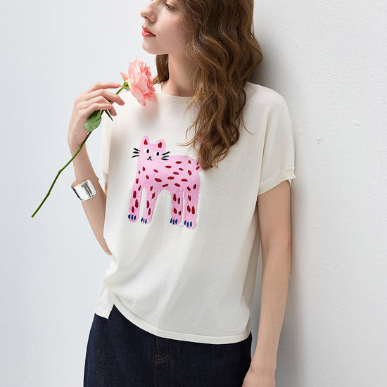 COMOBOCA Women's Leopard Cat Embroidered Knit T-Shirt