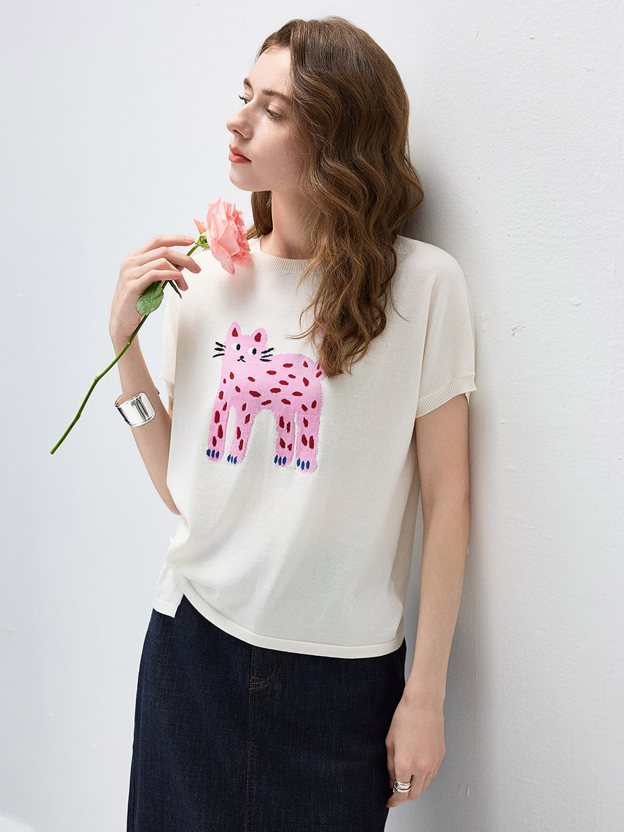 COMOBOCA Women's Leopard Cat Embroidered Knit T-Shirt