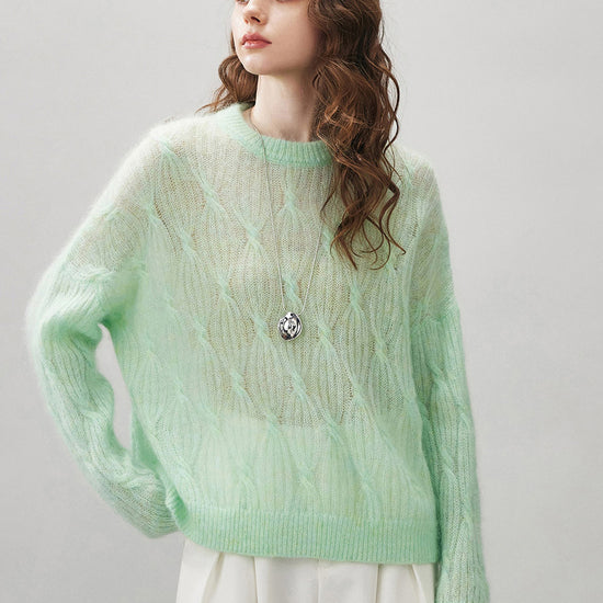 COMOBOCA Women's Mohair Cable Knit Round Neck Sweater
