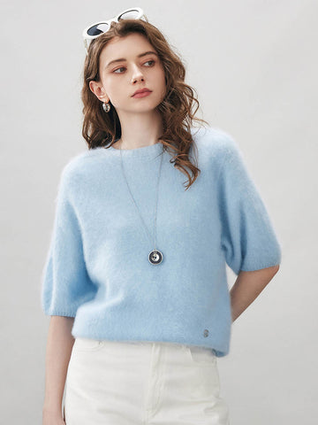 COMOBOCA Light Blue Women's Wool Seamless Brushed Half Sleeve Knit Sweater