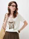 Women's mulberry Silk Knit Top with Patterned Jacquard & U-Neck