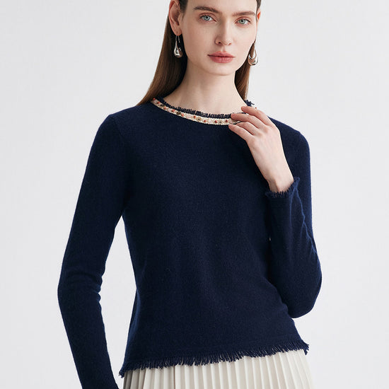 COMOBOCA Navy Blue 100% Cashmere Women's Fringed Hem Floral Sweater