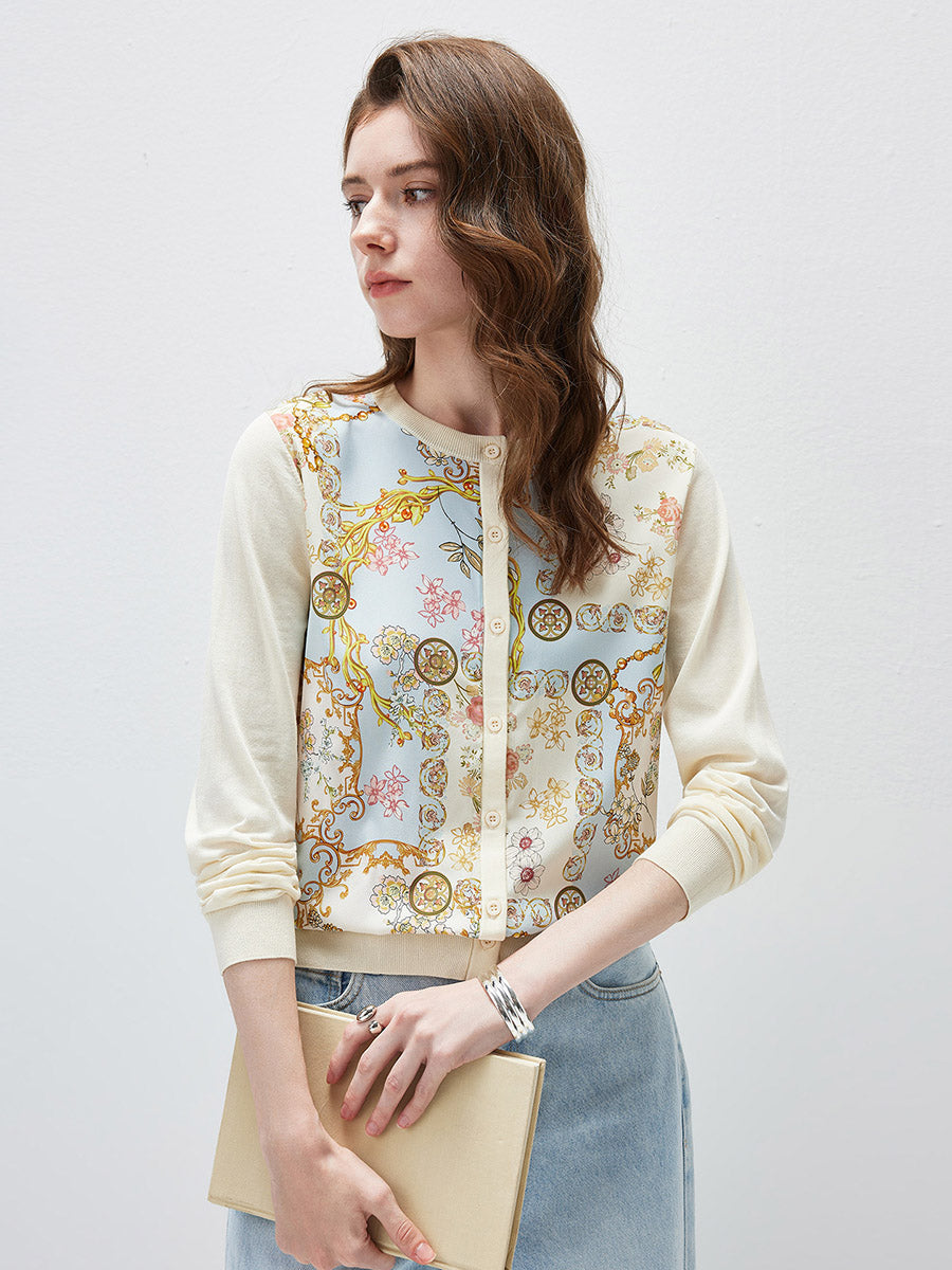 COMOBOCA Women's Printed Panel Knit Cardigan