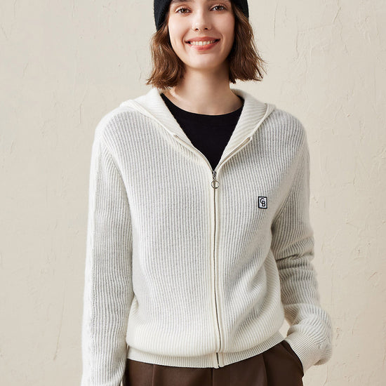 COMOBOCA White 100% Cashmere Women's Ribbed Zip Knit Cardigan Hoodie