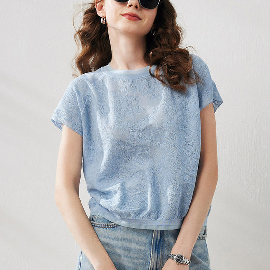 COMOBOCA Women's Lace Patterned Knit T-Shirt