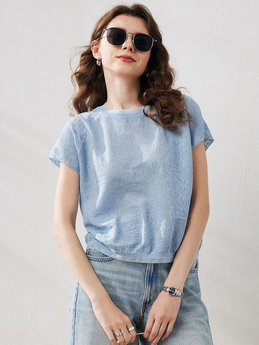 COMOBOCA Women's Lace Patterned Knit T-Shirt