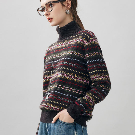 COMOBOCA 100% Cashmere Women's Fair Isle Turtleneck Sweater