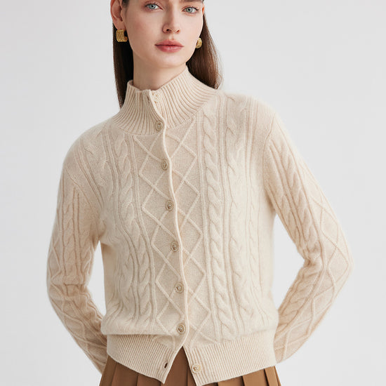 COMOBOCA 100% Cashmere Women's Cable Mock Neck Knit Cardigan