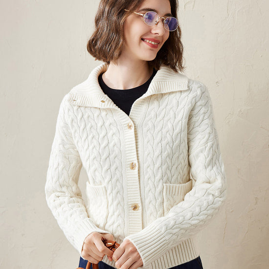 COMOBOCA White 100% Cashmere Women's Cable Knit Pocket Cardigan