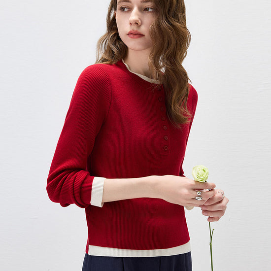 COMOBOCA Women's Ribbed Contrast Trim Henley Knit Sweater