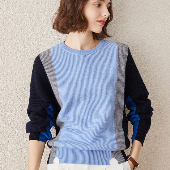COMOBOCA Light Blue 100% Cashmere Women's Crew Neck Fish Scale Inlay Sweater