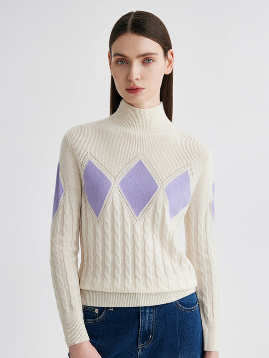 COMOBOCA 100% Cashmere Women's Argyle Cable Turtleneck Knit Sweater