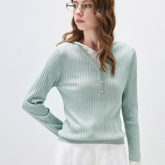 COMOBOCA Women's Layered Ribbed Knit Hooded Henley Top