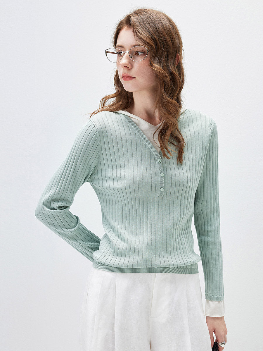 COMOBOCA Women's Layered Ribbed Knit Hooded Henley Top