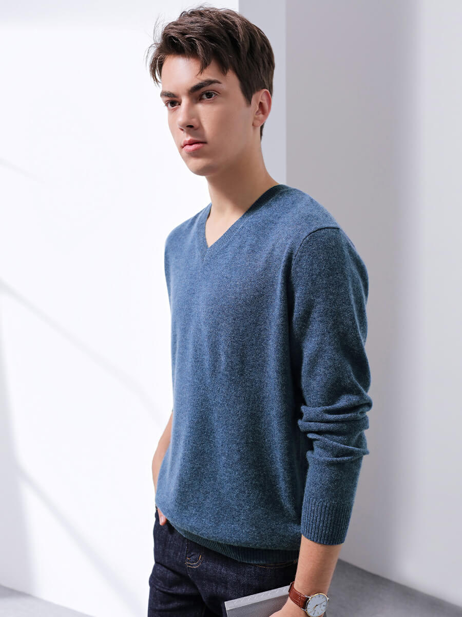 COMOBOCA 100% Cashmere Men's V-Neck Sweater