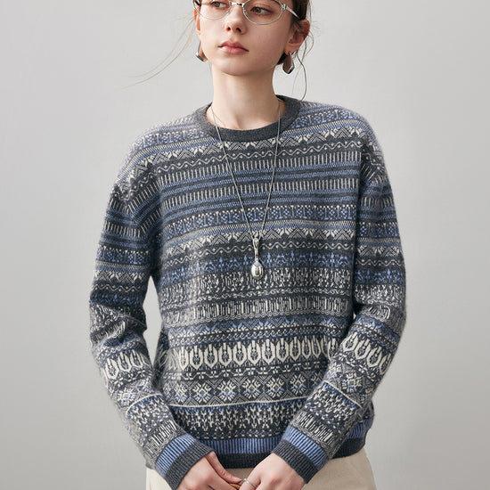 COMOBOCA Fair Isle 100% Cashmere Women's Fair Isle Round Neck Sweater