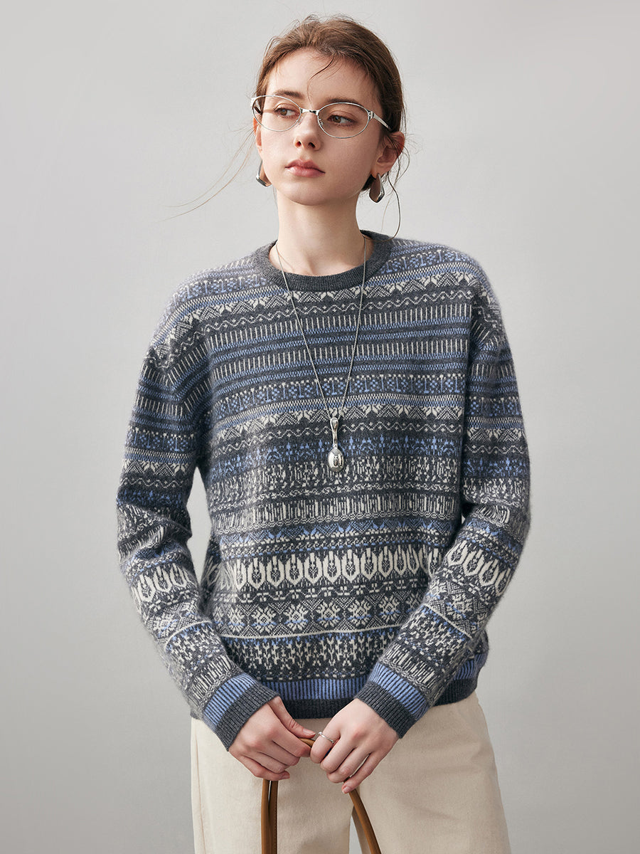 COMOBOCA Fair Isle 100% Cashmere Women's Fair Isle Round Neck Sweater