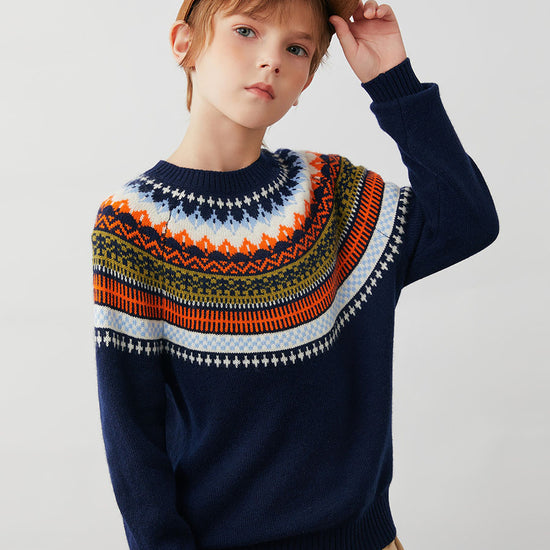 COMOBOCA 100% Wool Kids' Fair Isle Round Neck Sweater