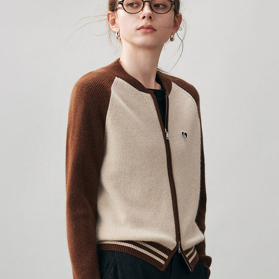 COMOBOCA 100% Cashmere Women's Color Block Knit Baseball Jacket