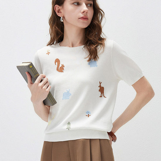 COMOBOCA Cloudy Women's Forest Animal Intarsia Knit T-Shirt