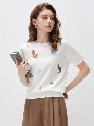 COMOBOCA Cloudy Women's Forest Animal Intarsia Knit T-Shirt