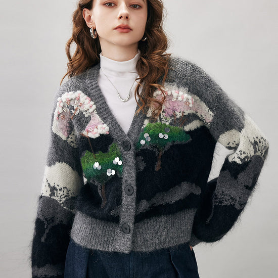 COMOBOCA Women's Landscape Patterned Knit Cardigan