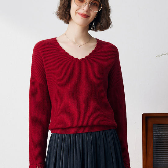 COMOBOCA DEEP RED 100% Cashmere Women's V-Neck Loose Knit Sweater