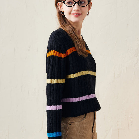 COMOBOCA 100% Wool Women's Colorful Striped Cable Knit Sweater