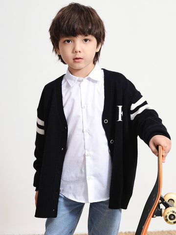 COMOBOCA BLACK 100% Wool Kids' V-Neck Cardigan