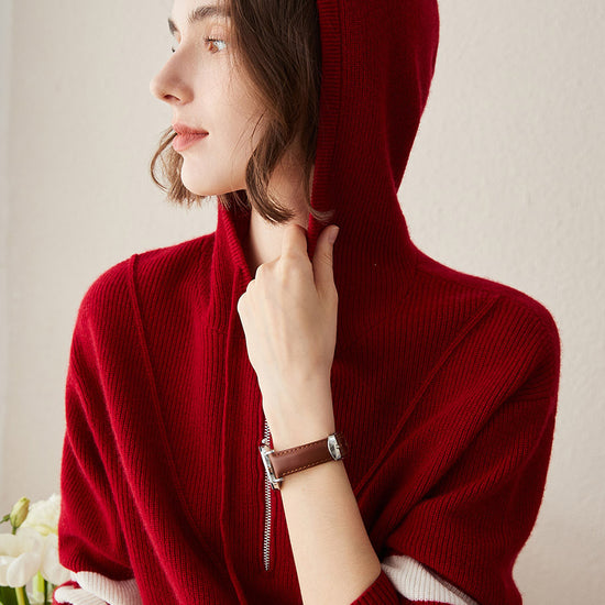 COMOBOCA L Red 100% Cashmere Women's Half Zip Sweater Knit Hoodie