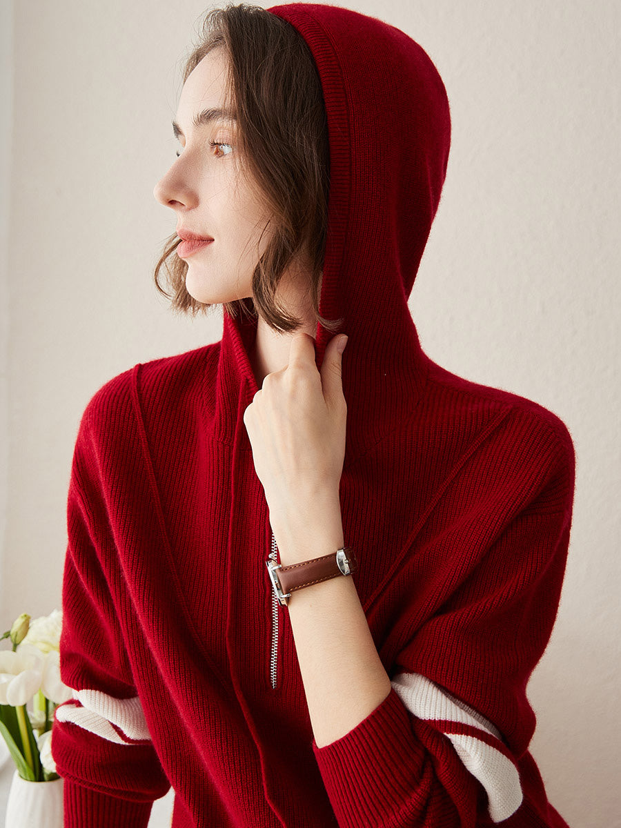 COMOBOCA L Red 100% Cashmere Women's Half Zip Sweater Knit Hoodie