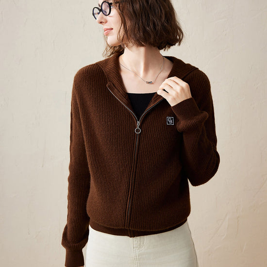 COMOBOCA Brown 100% Cashmere Women's Ribbed Zip Knit Cardigan Hoodie