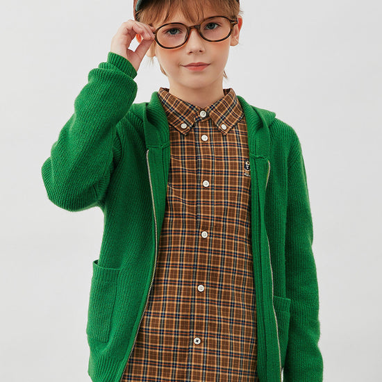 COMOBOCA Green 100% Wool Kids' Ribbed Zip Up Hooded Cardigan