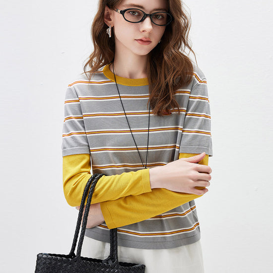 COMOBOCA Women's Layered Striped Round Neck Knit Sweater