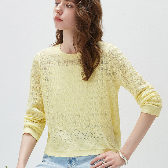 COMOBOCA Women's Openwork Round Neck Knit Sweater
