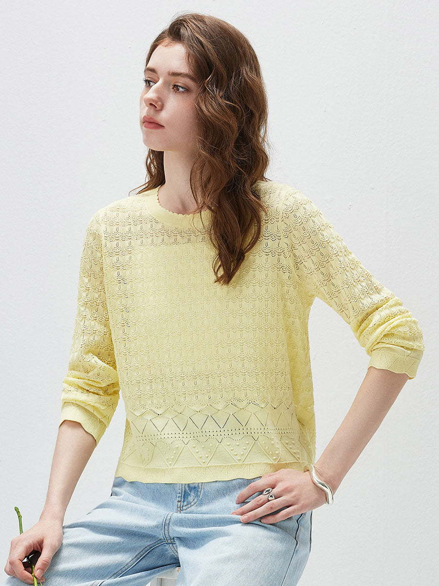 COMOBOCA Women's Openwork Round Neck Knit Sweater
